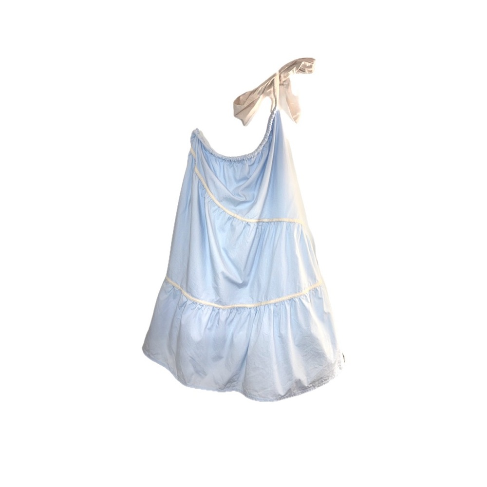 Lalavon Baby Blue One Shoulder Bow Tie Babydoll Mini Dress - Size Large